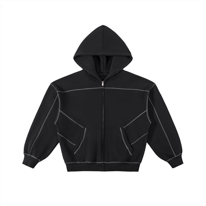 Omina black boxy zip-up hoodie featuring white contrast stitching, drop shoulders, and a thick cotton-blend fleece.