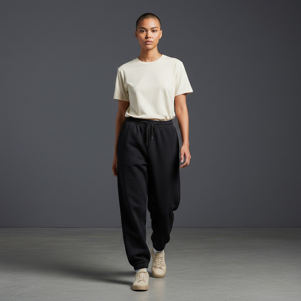 Model wearing Omina black cotton blend jogged sweatpants with elastic drawstring waist and side pockets