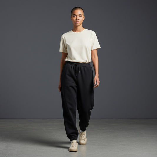 Model wearing Omina black cotton blend jogged sweatpants with elastic drawstring waist and side pockets