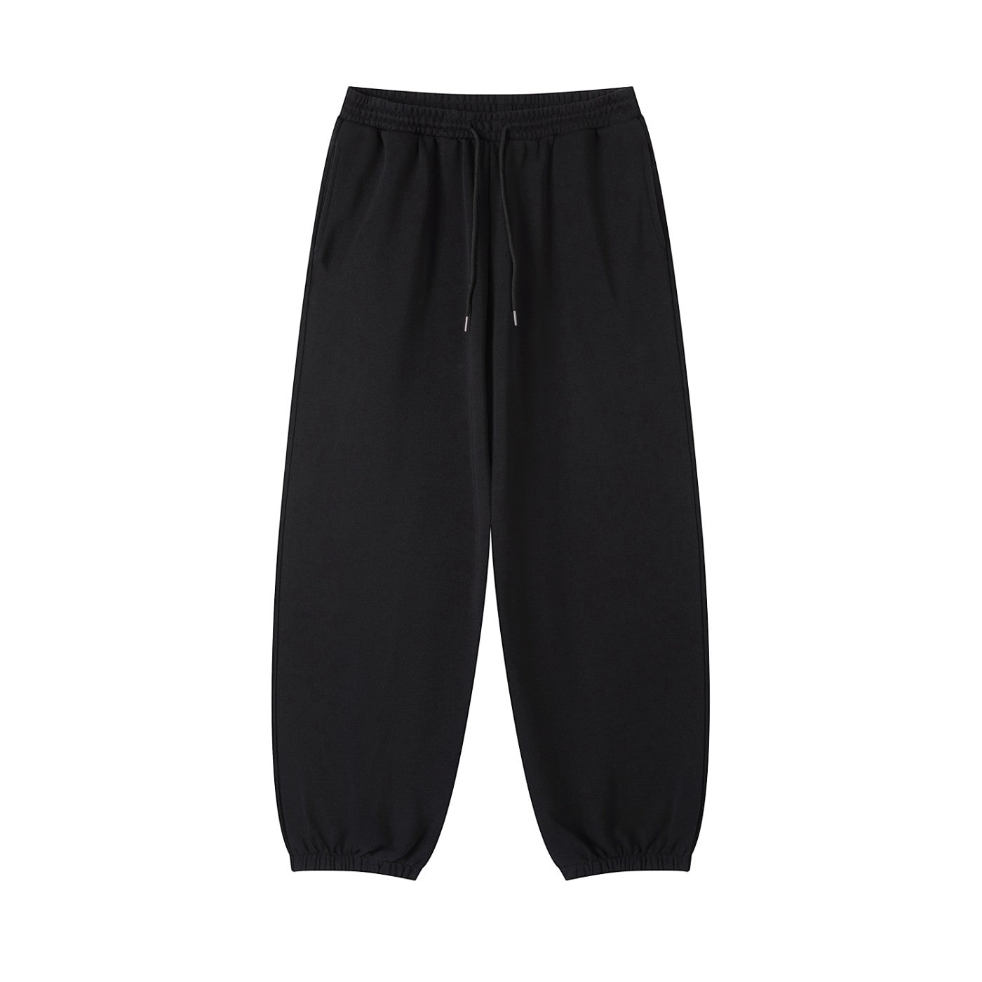 Omina black cotton blend jogged sweatpants with an elastic drawstring waist and cuffed ankles.