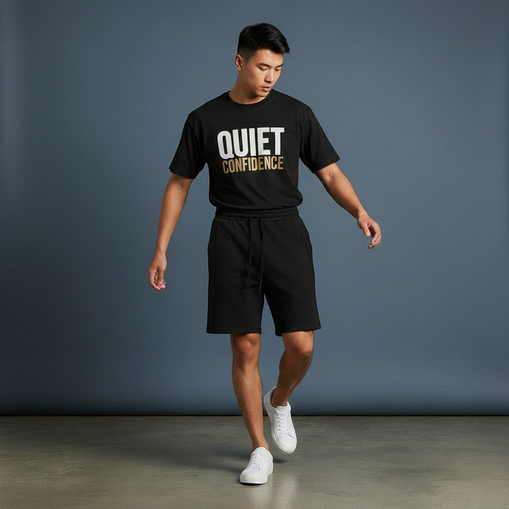 Model wearing Omina Quiet Confidence black cotton set with relaxed fit shirt and shorts against a blue background.