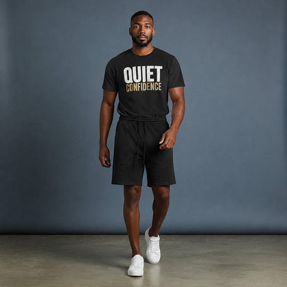 Model wearing Omina Quiet Confidence black cotton t-shirt and matching relaxed-fit shorts with white sneakers