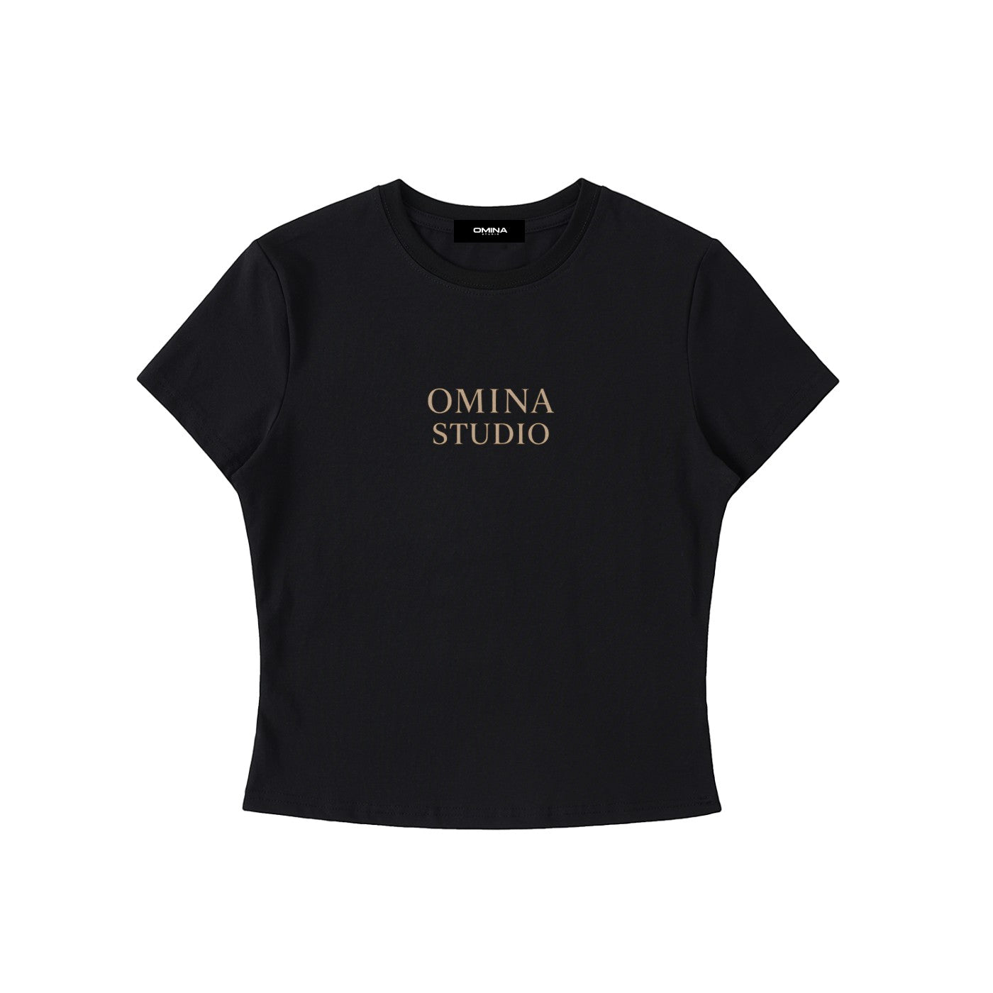 Omina black cotton-spandex blend crewneck t-shirt with "OMINA STUDIO" printed on chest. Bodycon fit.
