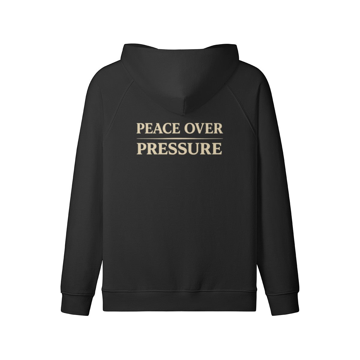 Omina black full-zip hoodie with "PEACE OVER PRESSURE" text graphic on back. Made of 100% combed cotton.