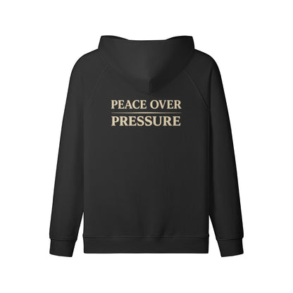 Omina black full-zip hoodie with "PEACE OVER PRESSURE" text graphic on back. Made of 100% combed cotton.