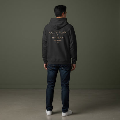 Back view of a man wearing an Omina black heavyweight cotton zip hoodie with God's Plan text print in a relaxed fit.