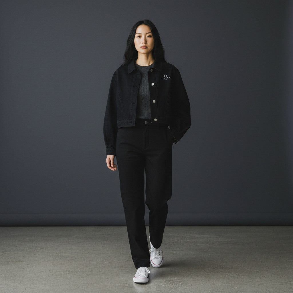 Omina women's black cropped denim jacket with button-front closure, worn by a model with matching black trousers.
