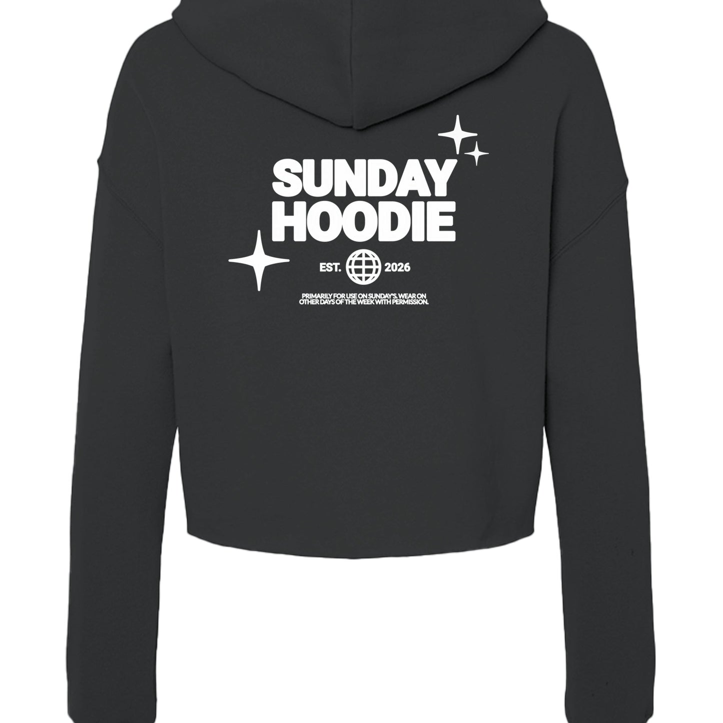 Back view of Omina Essentials black cropped Sunday hoodie with white graphic print featuring stars and text.