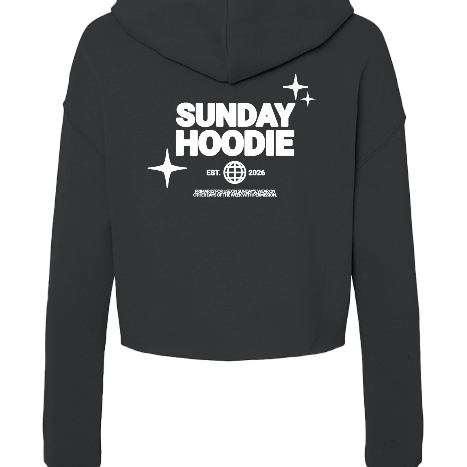 Back view of Omina Essentials black cropped Sunday hoodie with white graphic print featuring stars and text.
