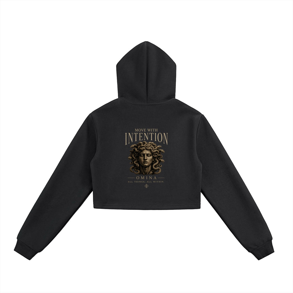 Omina black heavyweight cotton-blend cropped zip hoodie with "Move With Intention" graphic and Medusa imagery.