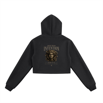 Omina black heavyweight cotton-blend cropped zip hoodie with "Move With Intention" graphic and Medusa imagery.