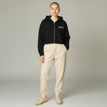 Omina black cotton blend cropped zip-up hoodie with drawstring hood and logo detail.