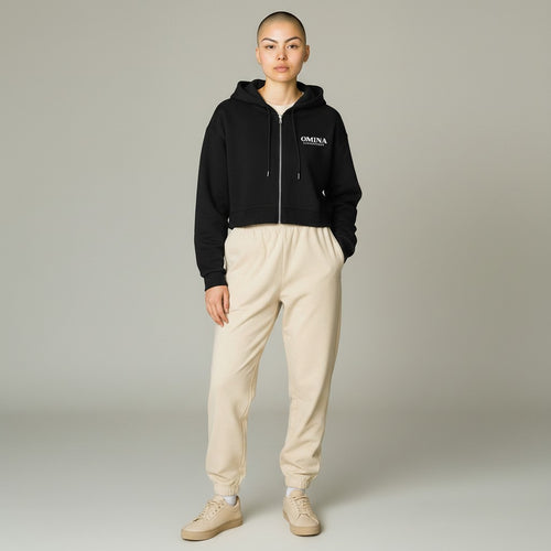 Omina black cotton blend cropped zip-up hoodie with drawstring hood and logo detail.