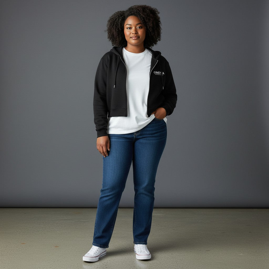 Omina black cotton blend cropped zip-up hoodie with adjustable drawstring hood and drop shoulders.
