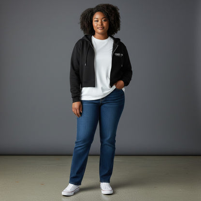 Omina black cotton blend cropped zip-up hoodie with adjustable drawstring hood and drop shoulders.