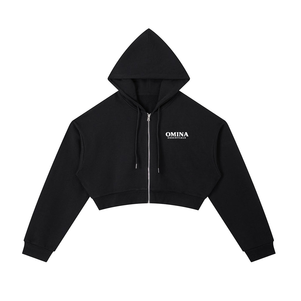 Omina black cotton blend cropped zip-up hoodie with adjustable drawstring hood and drop shoulders.