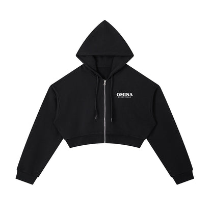 Omina black cotton blend cropped zip-up hoodie with adjustable drawstring hood and drop shoulders.