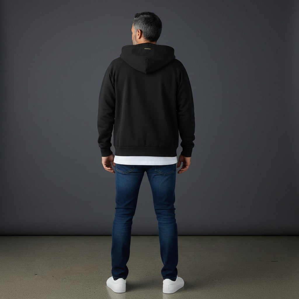 Omina black cotton blend oversized dolman sleeve zip-through fleece hoodie with gold logo