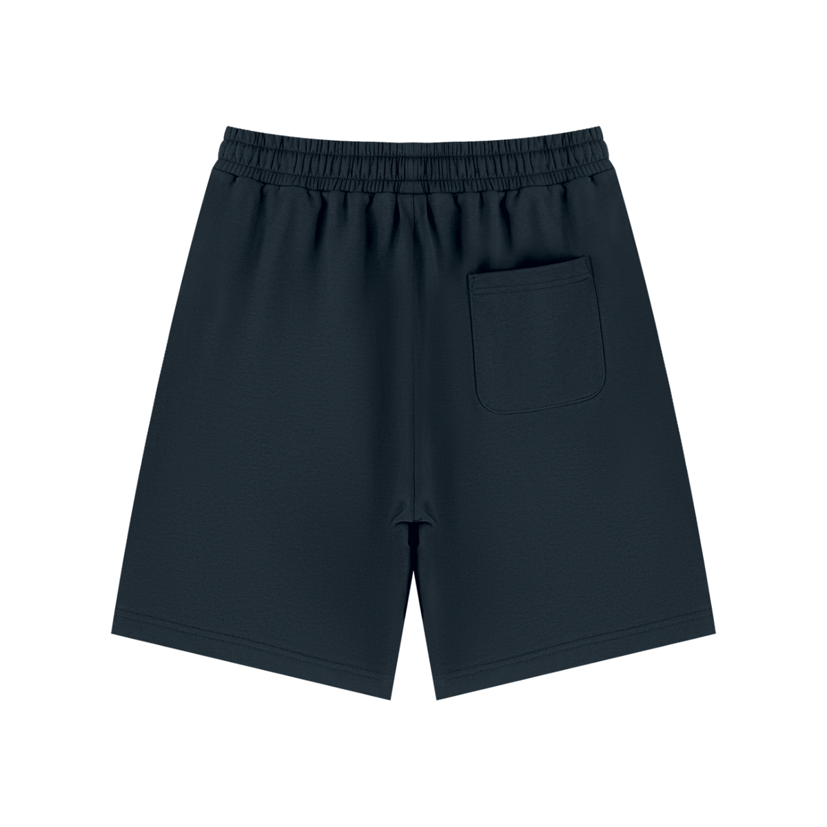 Omina Essentials unisex black drawstring shorts with an elastic waistband and a single back pocket