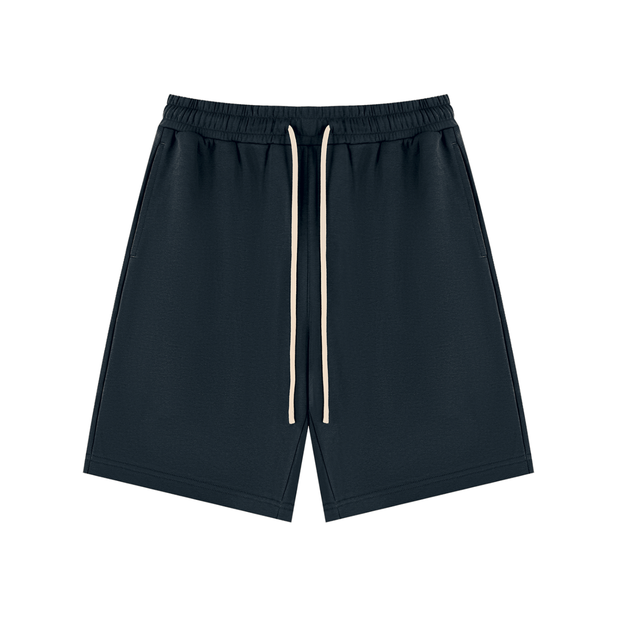 Omina unisex black drawstring shorts with a relaxed fit, elastic waistband, and side pockets for casual everyday wear.