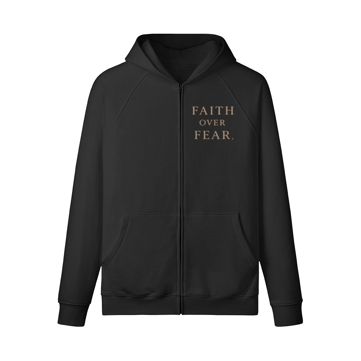 Omina black heavyweight cotton zip hoodie featuring Faith Over Fear text on the chest with raglan sleeves.