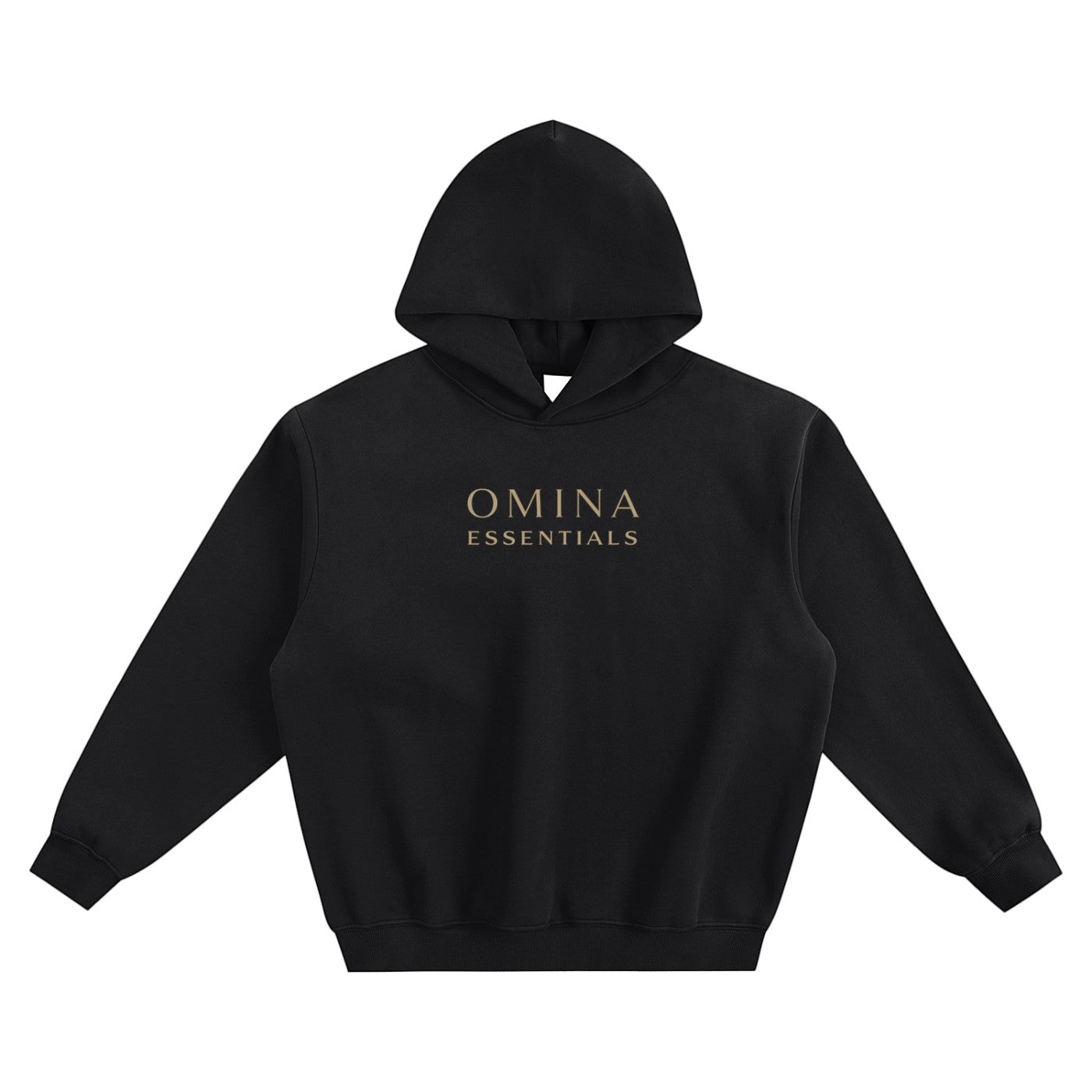 Omina black fleeced boxy hoodie with drop shoulders and ribbed cuffs/hem. Features subtle Omina Essentials logo.