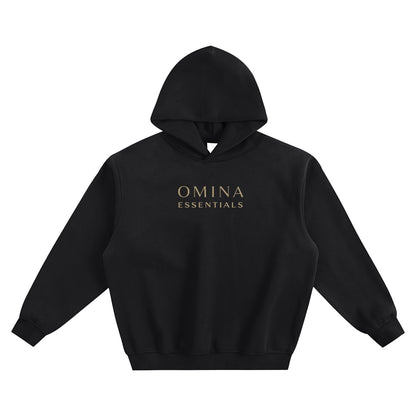 Omina black fleeced boxy hoodie with drop shoulders and ribbed cuffs/hem. Features subtle Omina Essentials logo.