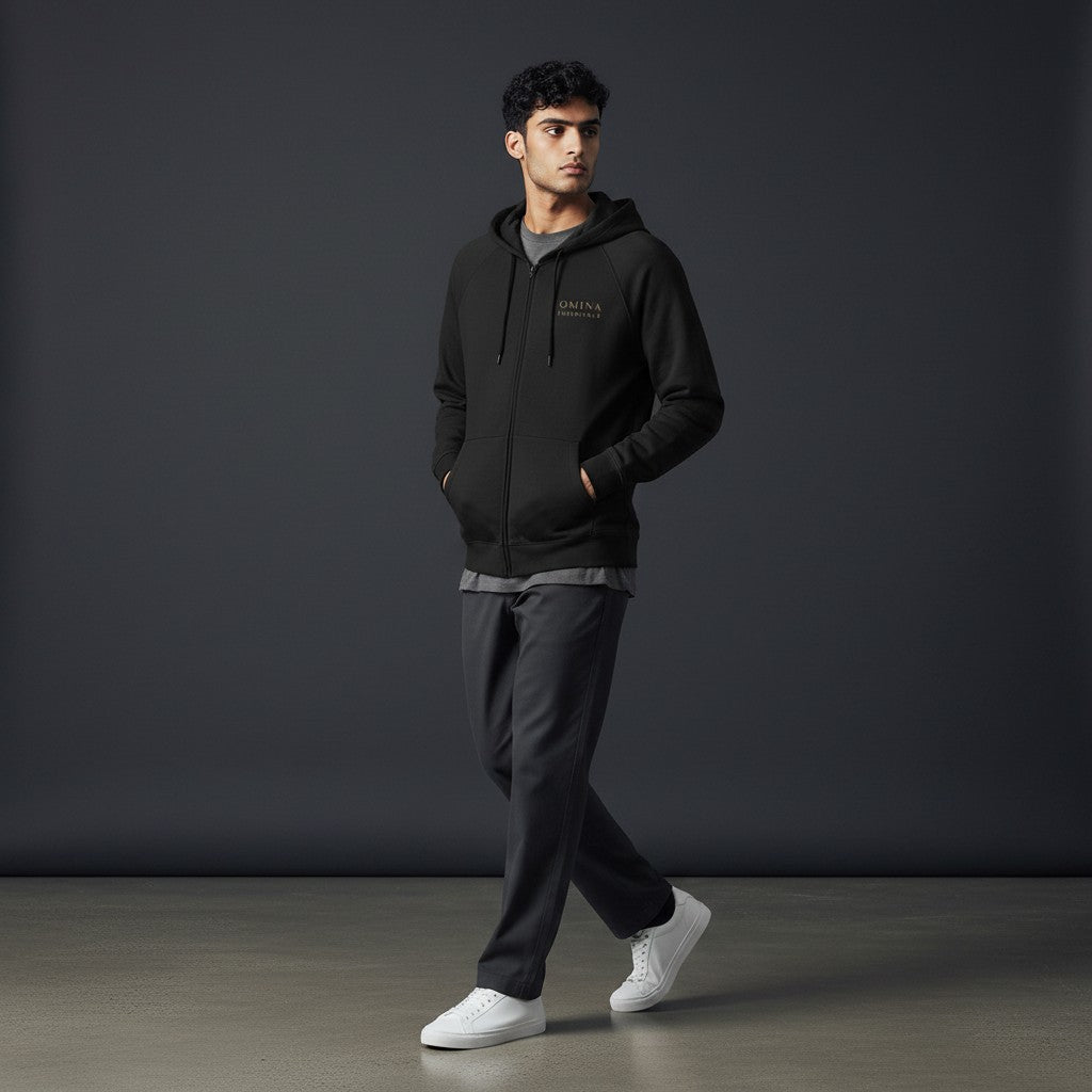 Omina black heavyweight combed cotton full-zip hoodie with brushed interior and kangaroo pocket.