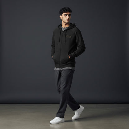 Omina black heavyweight combed cotton full-zip hoodie with brushed interior and kangaroo pocket.