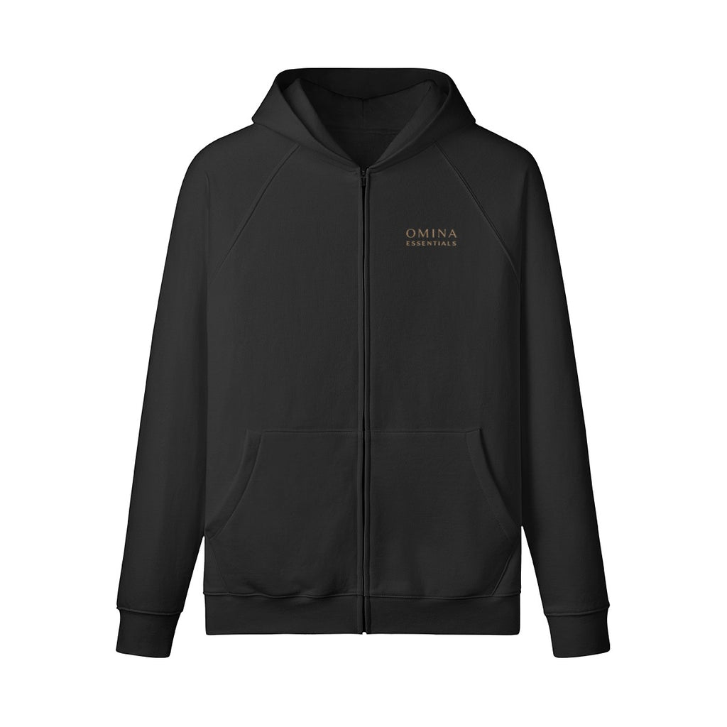 Omina black full-zip hoodie with raglan sleeves, kangaroo pockets, and brushed fleece interior. 100% combed cotton.