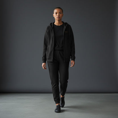 Omina black full-zip hoodie with raglan sleeves, kangaroo pockets, and brushed fleece interior. 100% combed cotton.