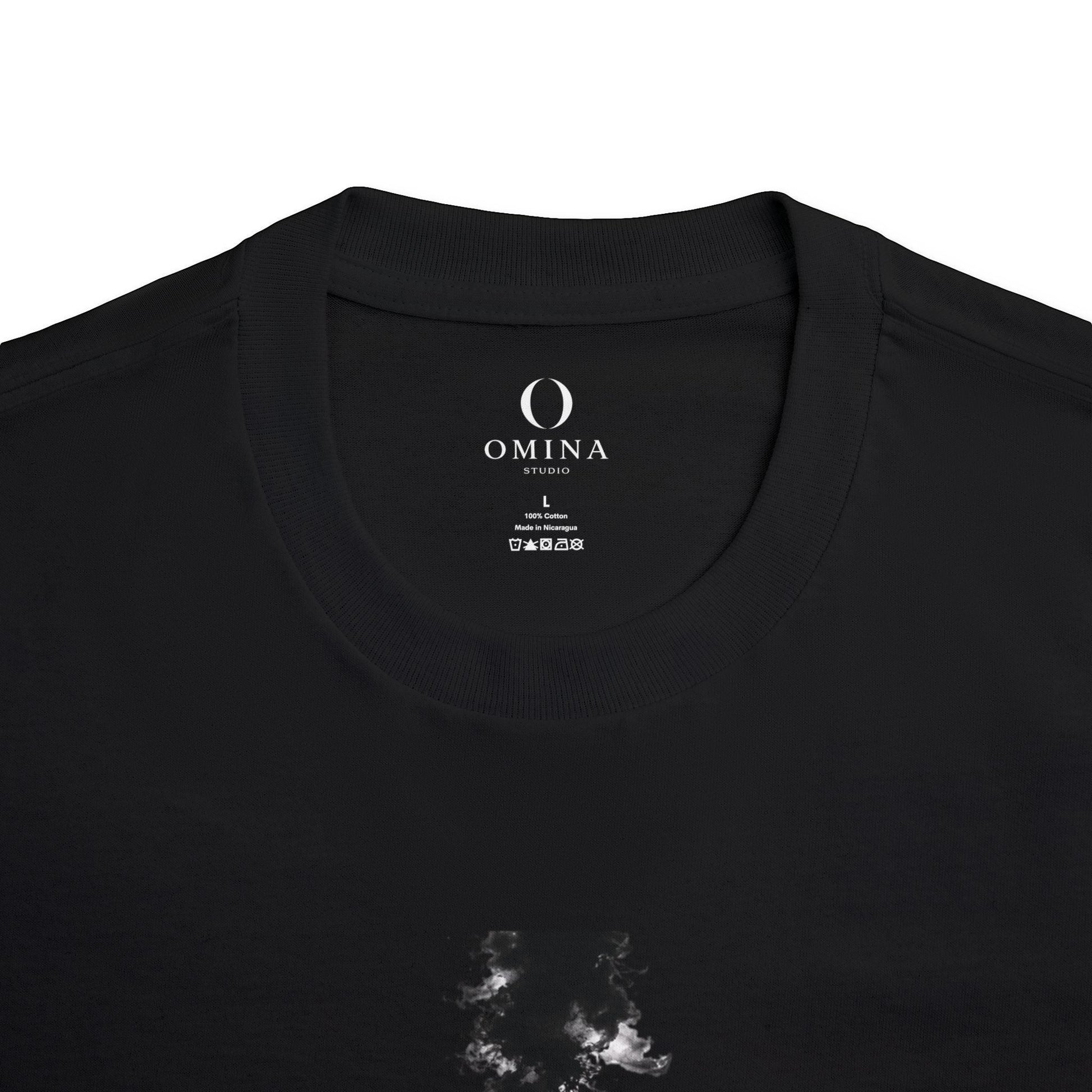 Omina black cotton t-shirt with ribbed collar and printed inner neck label featuring brand logo and care details.