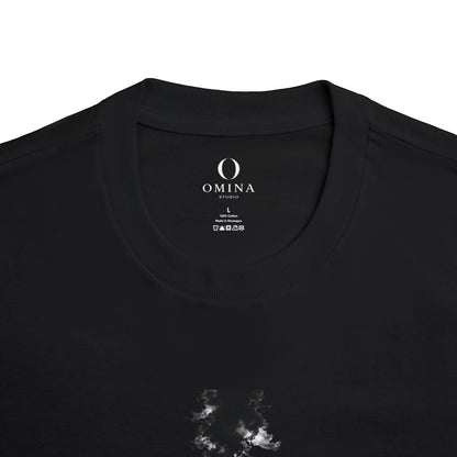 Omina black cotton t-shirt with ribbed collar and printed inner neck label featuring brand logo and care details.