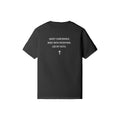 Back view of Omina black heavyweight cotton t-shirt featuring white faith-based text and a cross graphic.