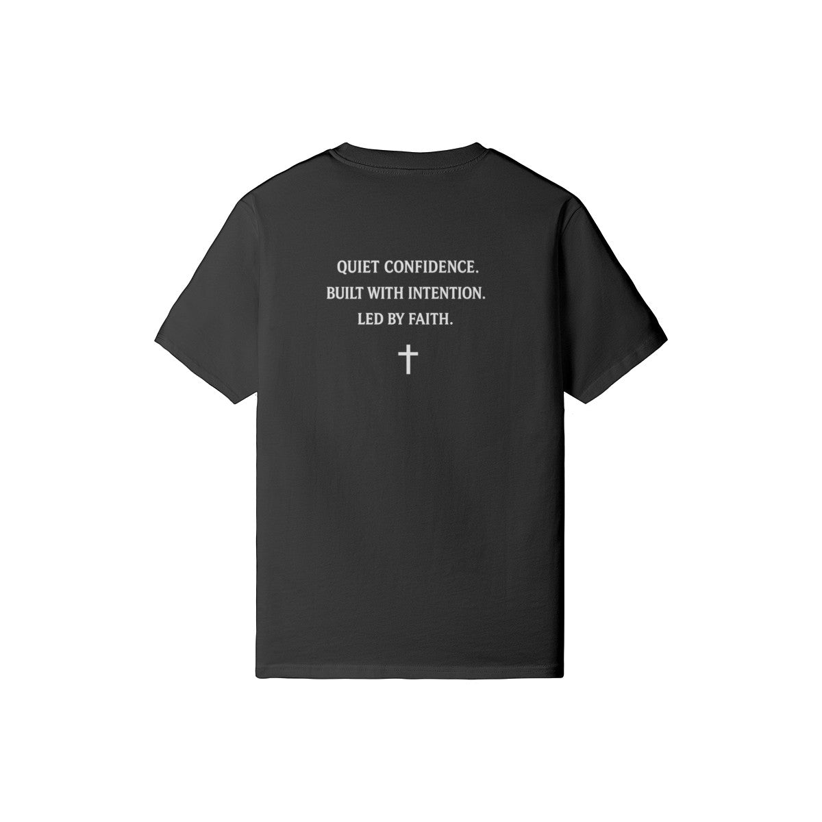 Back view of Omina black heavyweight cotton t-shirt featuring white faith-based text and a cross graphic.
