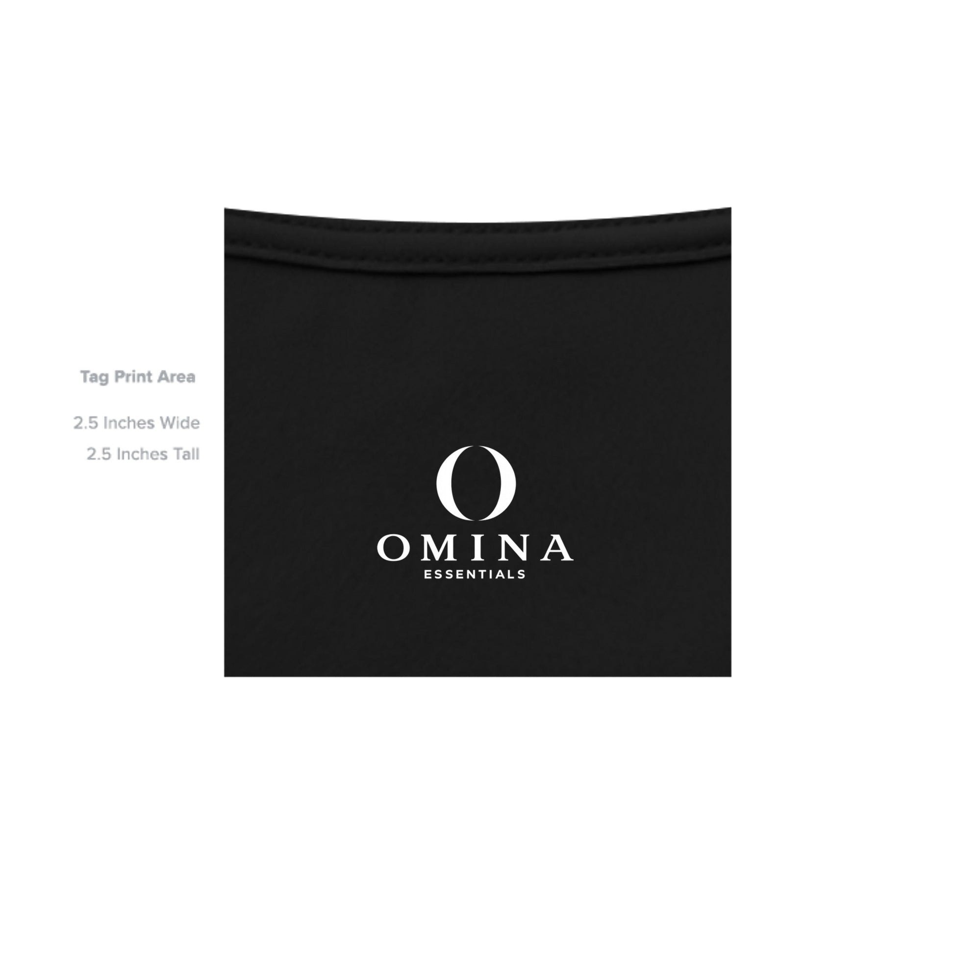 Omina Essentials black jersey tee interior neck label print area with white logo branding