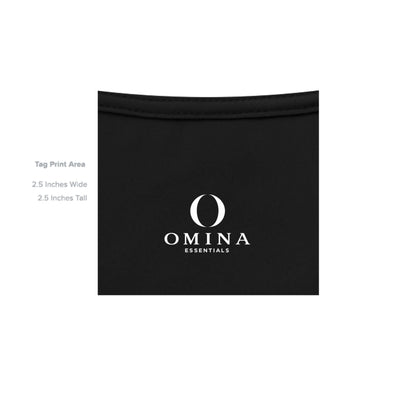 Omina Essentials black jersey tee interior neck label print area with white logo branding