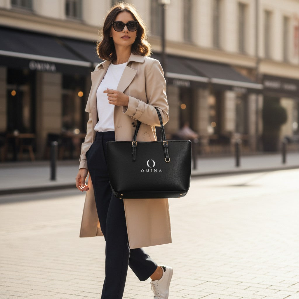 Woman in trench coat carrying a black Omina PU leather shoulder tote bag with gold hardware on a city street.