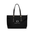 Omina black PU leather shoulder tote bag with gold hardware, adjustable straps, and centered white logo.