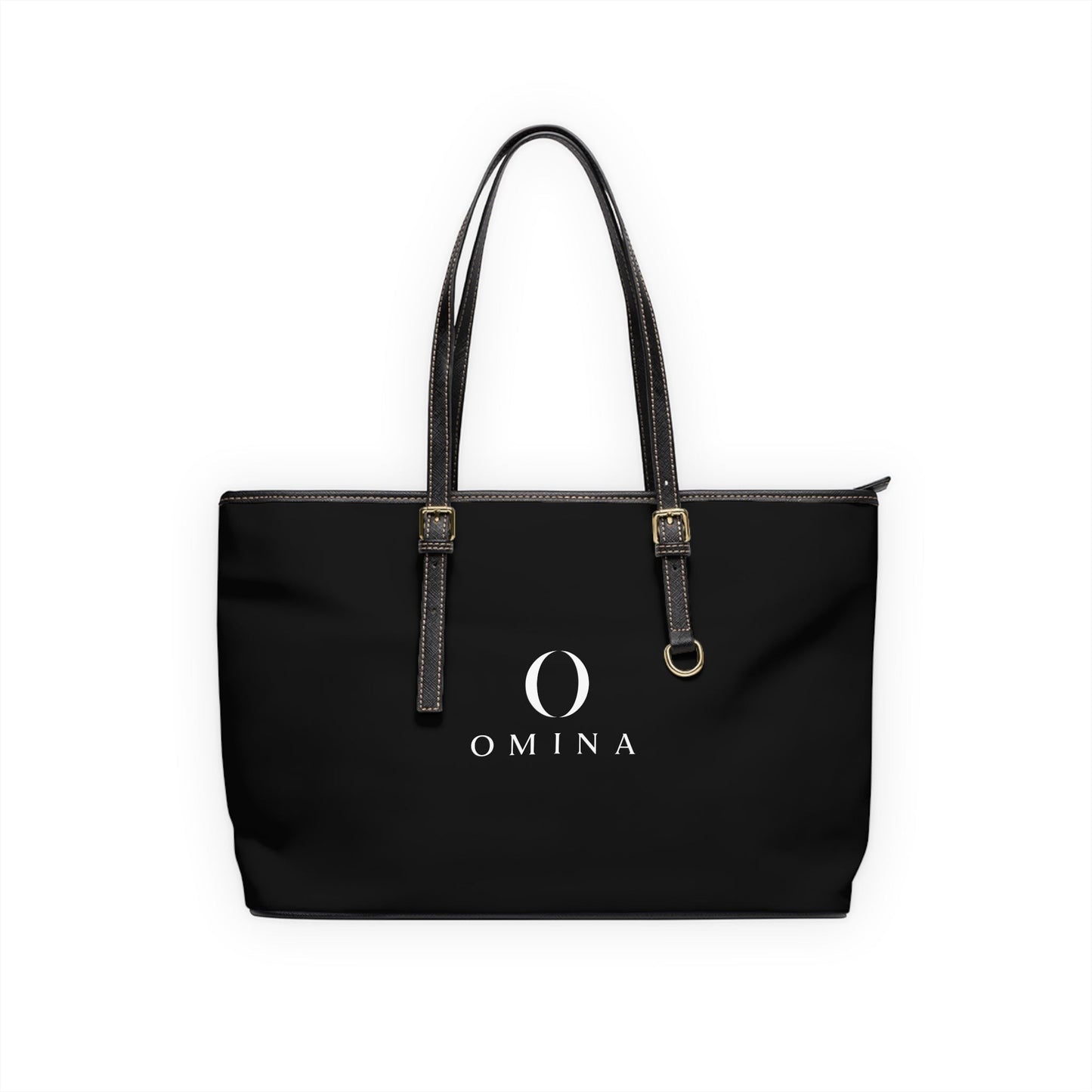 Omina black PU leather shoulder tote bag with gold hardware, adjustable straps, and centered white logo.
