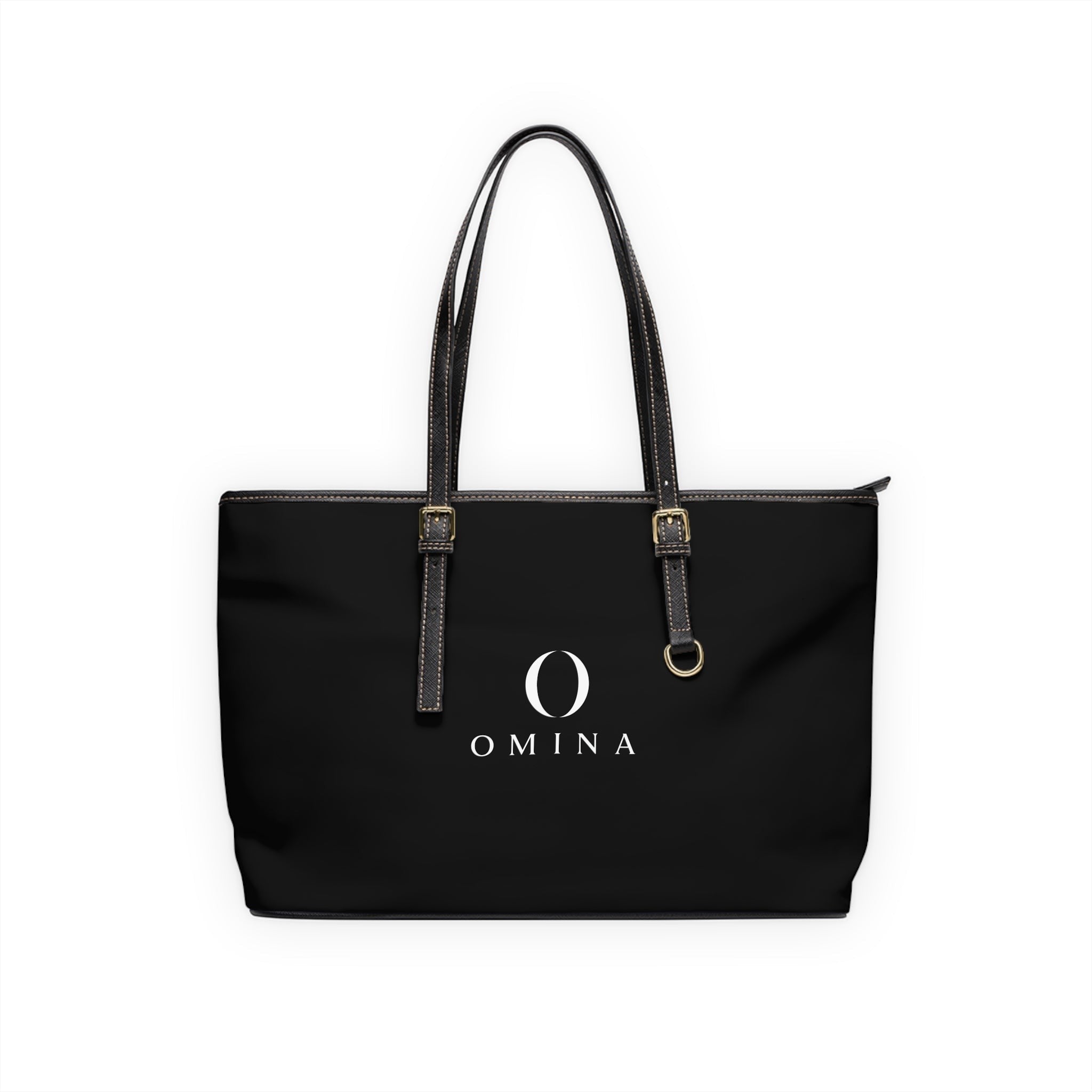 Omina black PU leather shoulder tote bag with gold hardware, adjustable straps, and centered white logo.