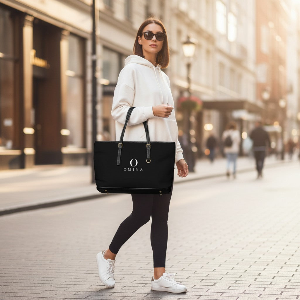 Woman carrying a black Omina PU leather shoulder tote bag with gold hardware on a city street.