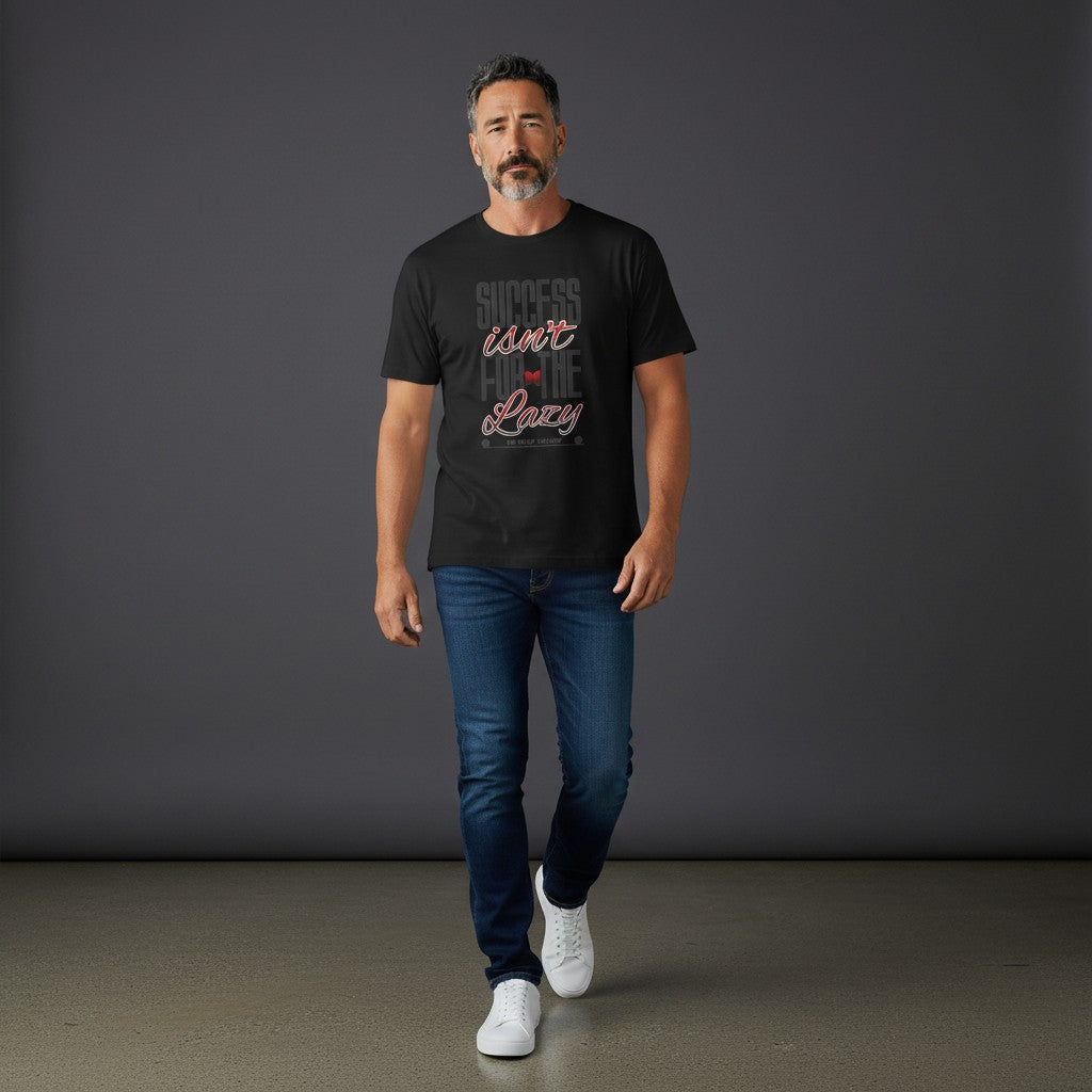 Omina black heavyweight cotton graphic tee with motivational Success Isn't For The Lazy text worn by a man.