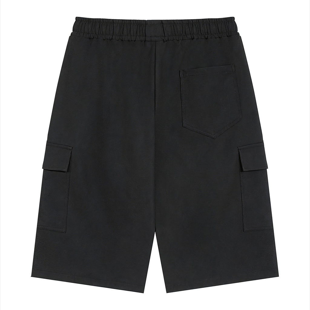Omina black polyester unisex cargo shorts with elastic waistband and drawstring, featuring functional cargo pockets.