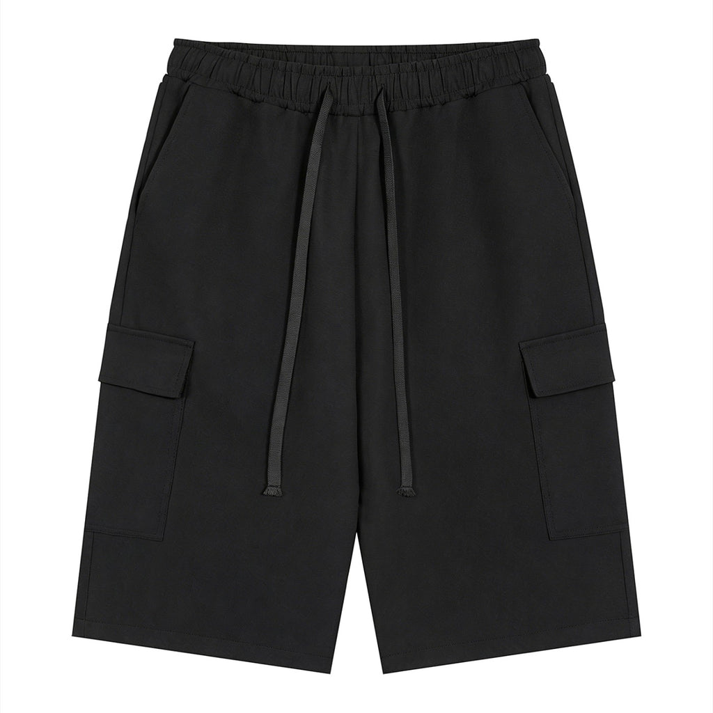 Omina black polyester cargo shorts with drawstring elastic waistband and functional pockets.