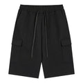 Omina black polyester cargo shorts with drawstring elastic waistband and functional pockets.