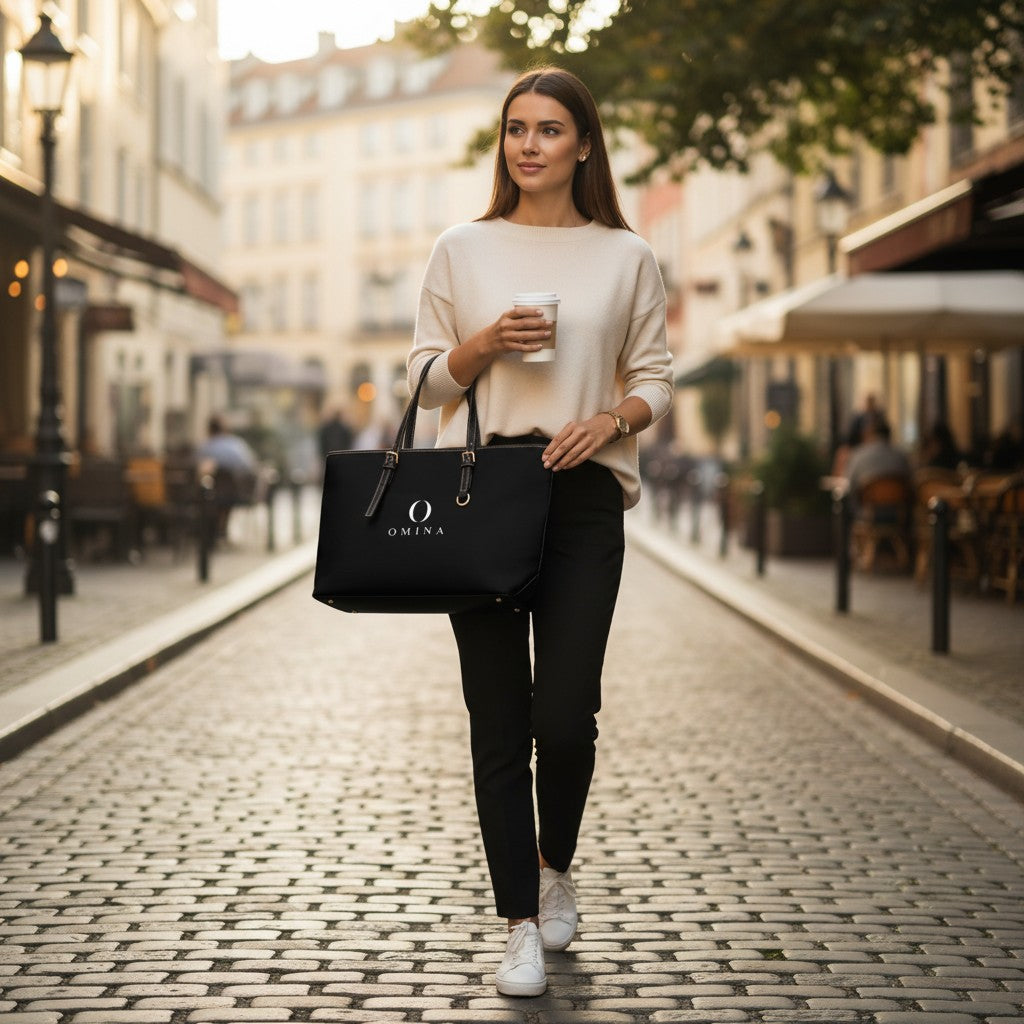 Woman walking on cobblestone street carrying an Omina black PU leather shoulder tote bag with gold hardware.