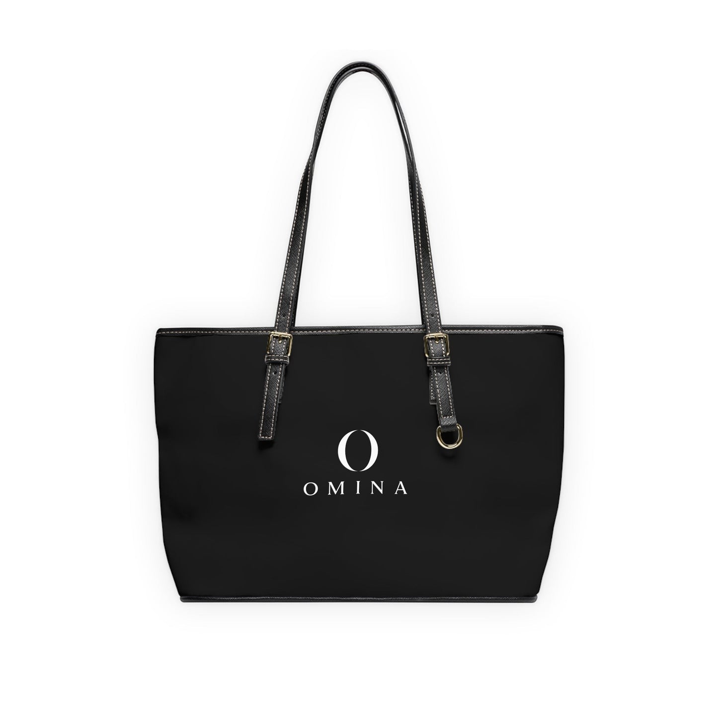 Omina black PU leather shoulder tote bag with gold hardware, adjustable straps, and centered white brand logo.