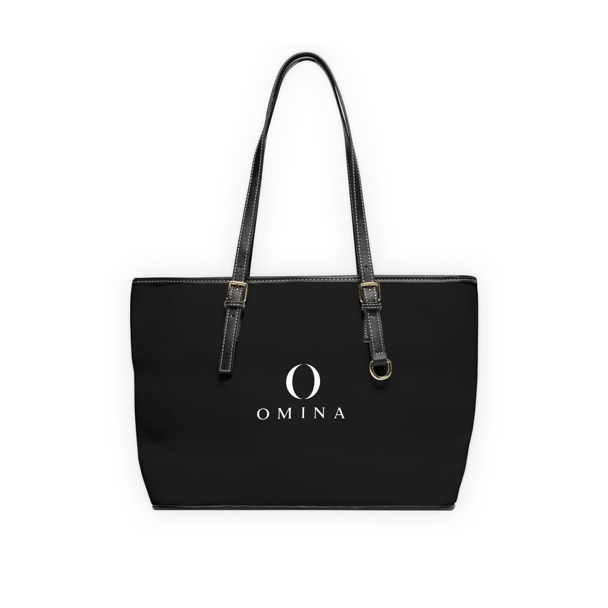 Omina black PU leather shoulder tote bag with gold hardware, adjustable straps, and centered white brand logo.