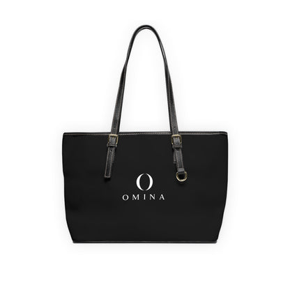 Omina black PU leather shoulder tote bag with gold hardware, adjustable straps, and centered white brand logo.